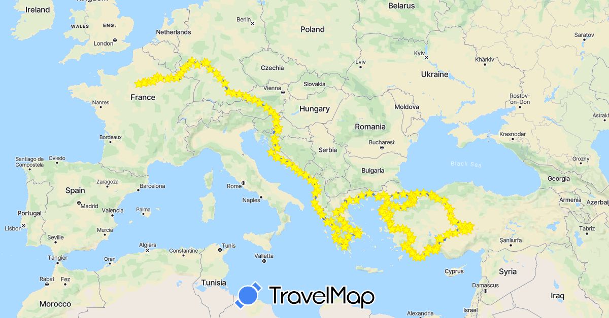 TravelMap itinerary: driving, cycling in Albania, Austria, Germany, France, Greece, Croatia, Montenegro, Slovenia, Turkey (Asia, Europe)